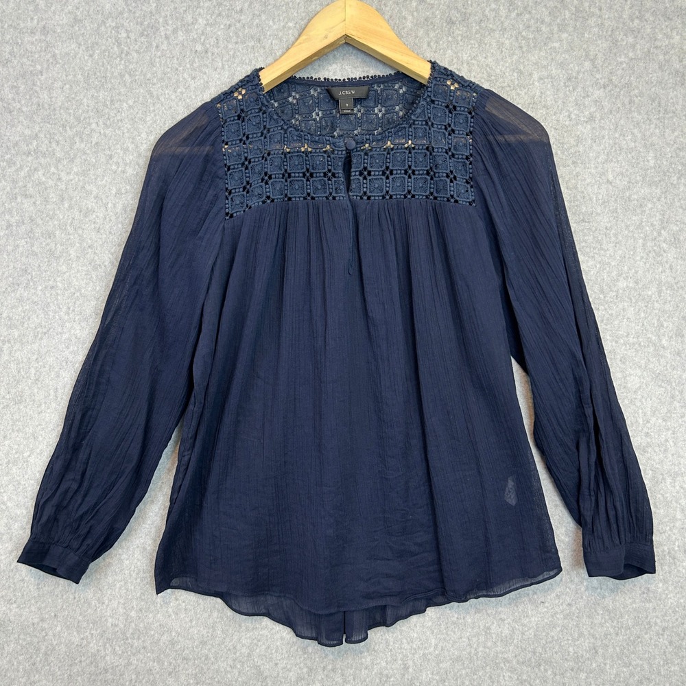 J.Crew Blouse Navy Blue Crochet Lace Yoke Cotton Gauze Peasant Cottagecore Sz 2